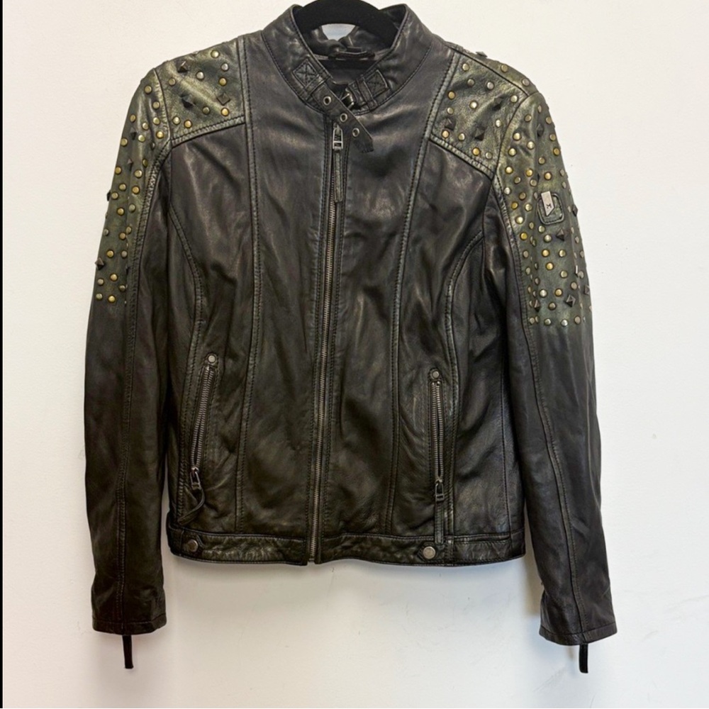 Mauritius Black gold Studded Leather moto biker Jacket